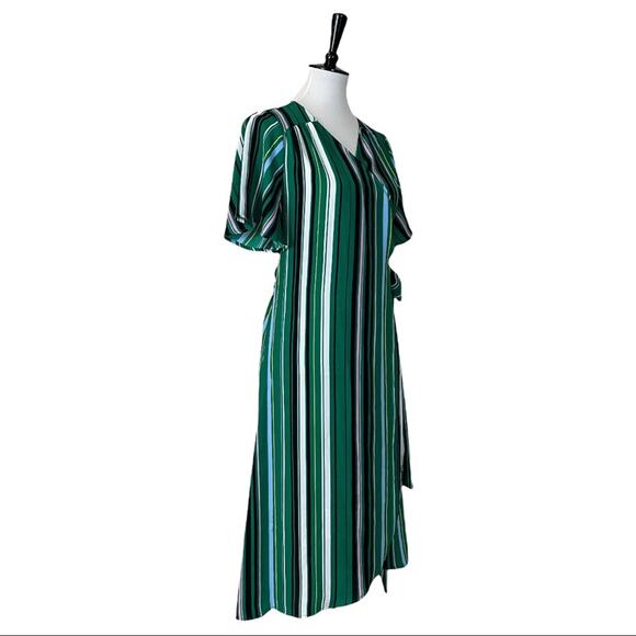 Halogen Women's Wrap Tie Waist Midi Dress Green Black Multi Stripes Size SP - Picture 2 of 14